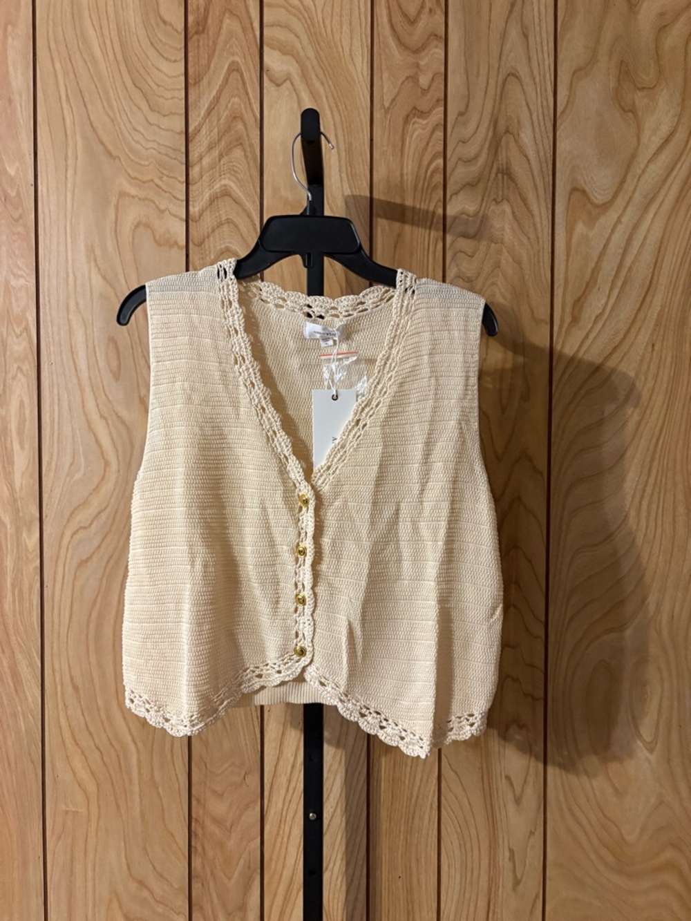Anniewear Cream Crochet Knit Vest XL Lightweight Button Front Boho NWT
